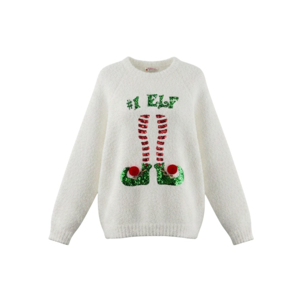 Merry Christmas by Poof White Fuzzy Sequined #1 Elf Ugly Christmas Sweater Large
